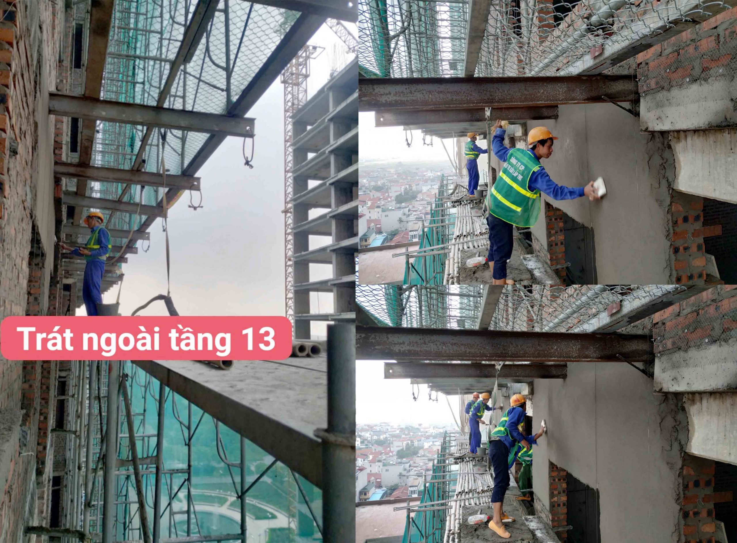 Những người công nhân cần mẫn thi công trát bề mặt ngoài tầng 13 Dự án THT New City